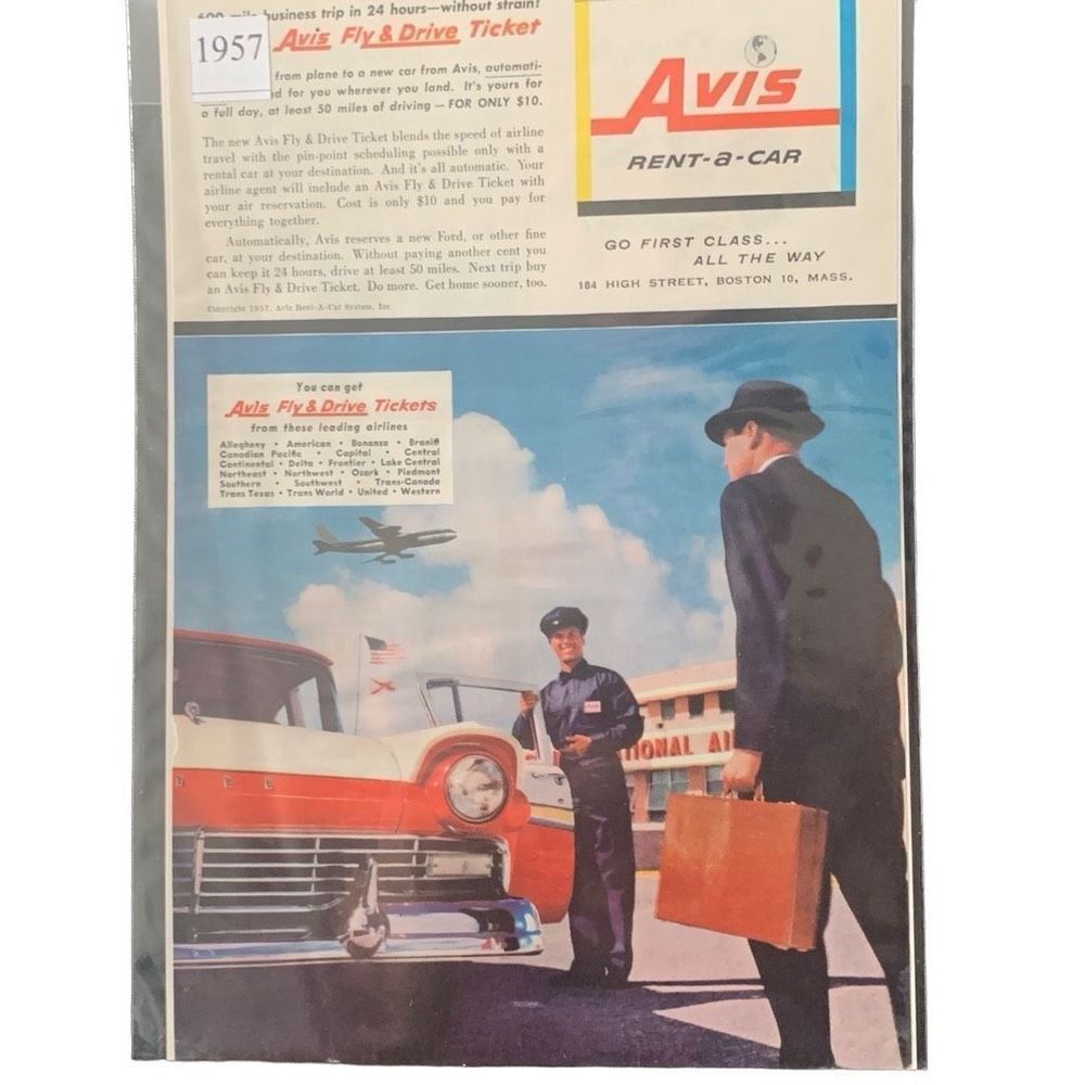 Vintage 1957 Avis Fly & Drive Go First Class Ad Advertisement